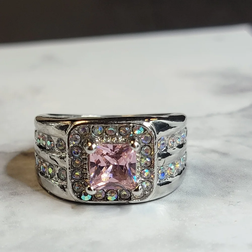 Pink Princess CZ Silver Tone Wide Band Iridescent Rhinestone Ring